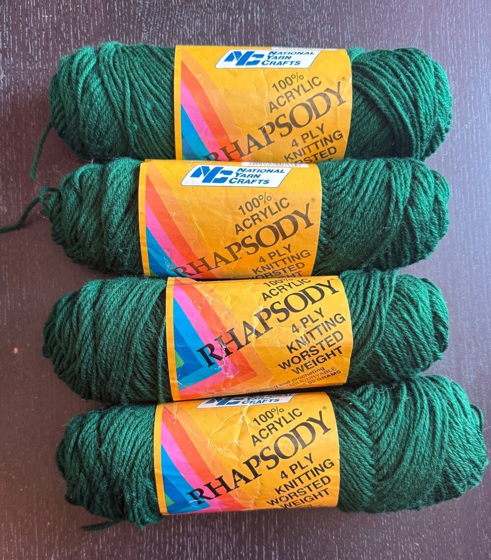 Lot of 4 Vintage National Yarn Crafts Rhapsody Yarn in Hunter Green Acrylic